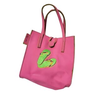 Tiger Lily Pink Faux Leather Vinyl Handbag w/ Embroidered Green Flip Flops